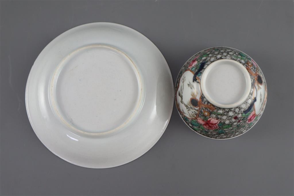 A Chinese famille rose hawk tea bowl and saucer, Yongzheng period, saucer 11.5cm diameter